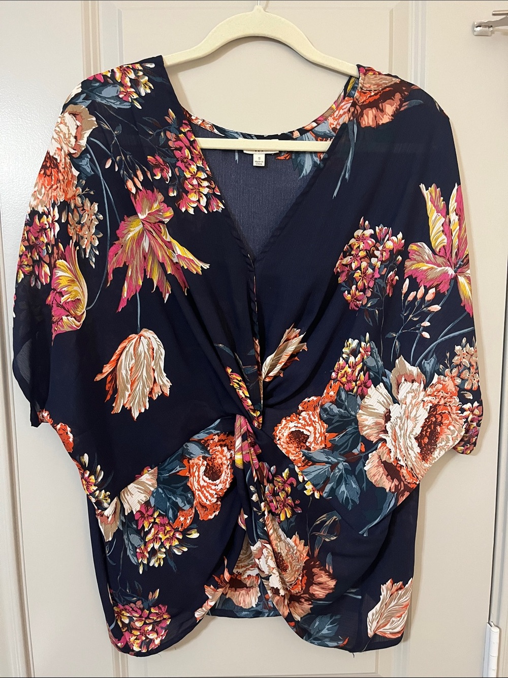 Umgee Navy Floral Twist-Front Blouse